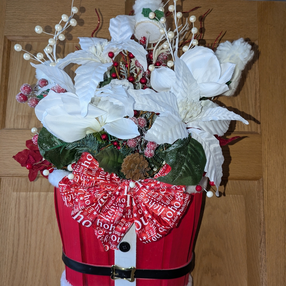 Holiday Santa-Themed Floral Arrangement Door Decor with White Poinsettias